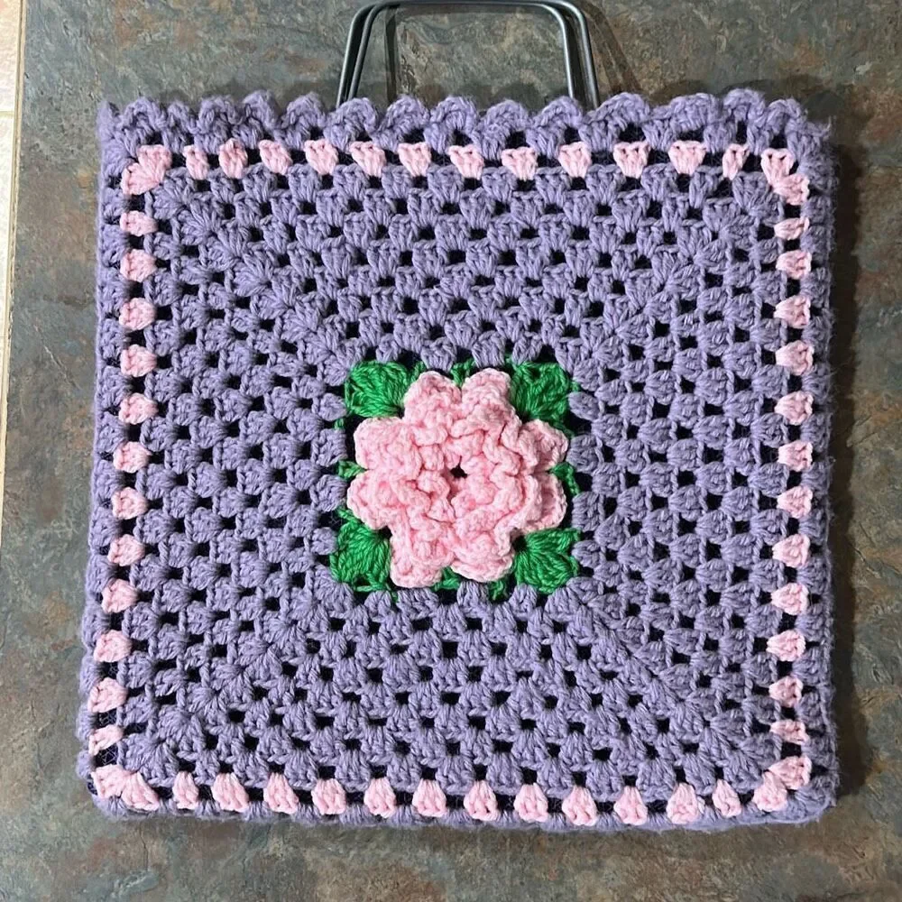 Granny Square Festival Mesh Lined Bag Purple and Pink Made in Spain